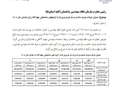 ابلاغ جدول هزینه ساخت و تعرفه خدمات مهندسی سال ۱۴۰۵